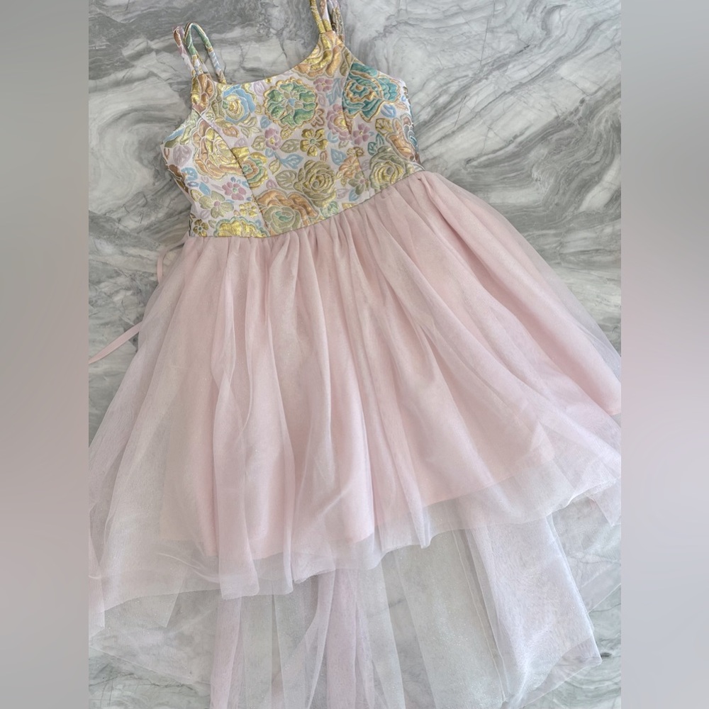LIKE NEW! High low tulle dress with metallic floral pattern on top